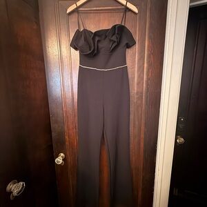 Black Strapless Ruffle Waist-Trim Jumpsuit